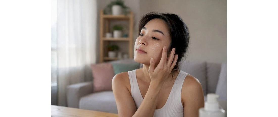 Woman gently touching her cheek while relaxing at home beside skincare bottles