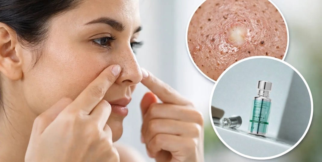 Woman examining pores beside a closeup of blemished skin and a green essence bottle in circular insets