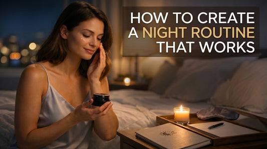 Woman in satin nightwear applying cream on her face beside a lit candle and journal on a bedside table at night.