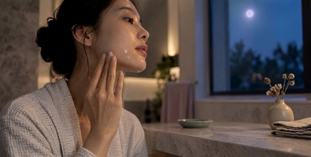 Woman in a robe gently touching her glowing cheek and neck beside a bathroom window in soft evening light