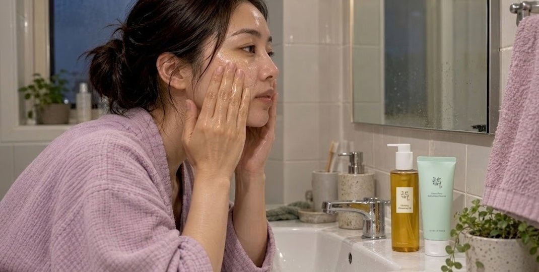 Woman in a pink robe applying skincare to her face at a bathroom sink with bottles and a towel