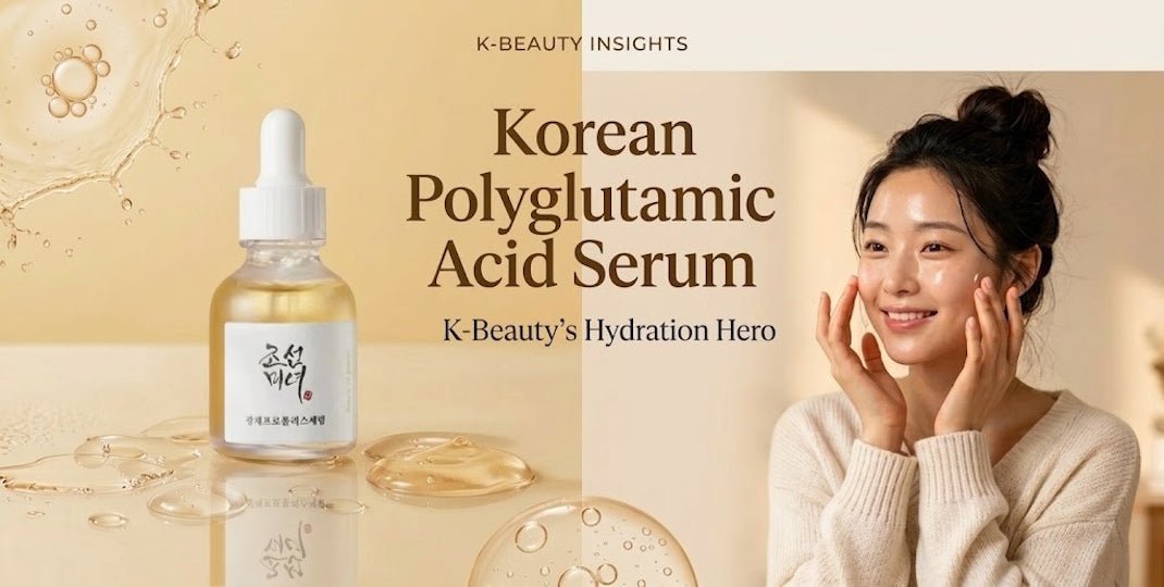 K Beauty graphic showing a Korean polyglutamic acid serum bottle a smiling woman touching her face and water droplets