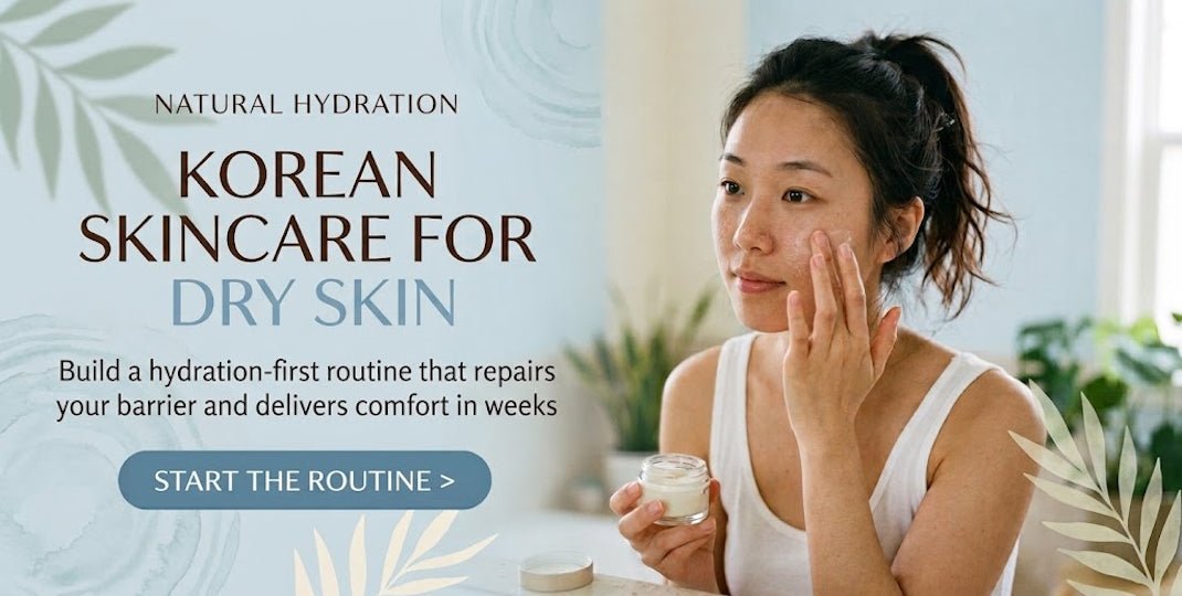Korean skincare for dry skin graphic with woman applying cream, natural hydration text, and a Start the Routine button