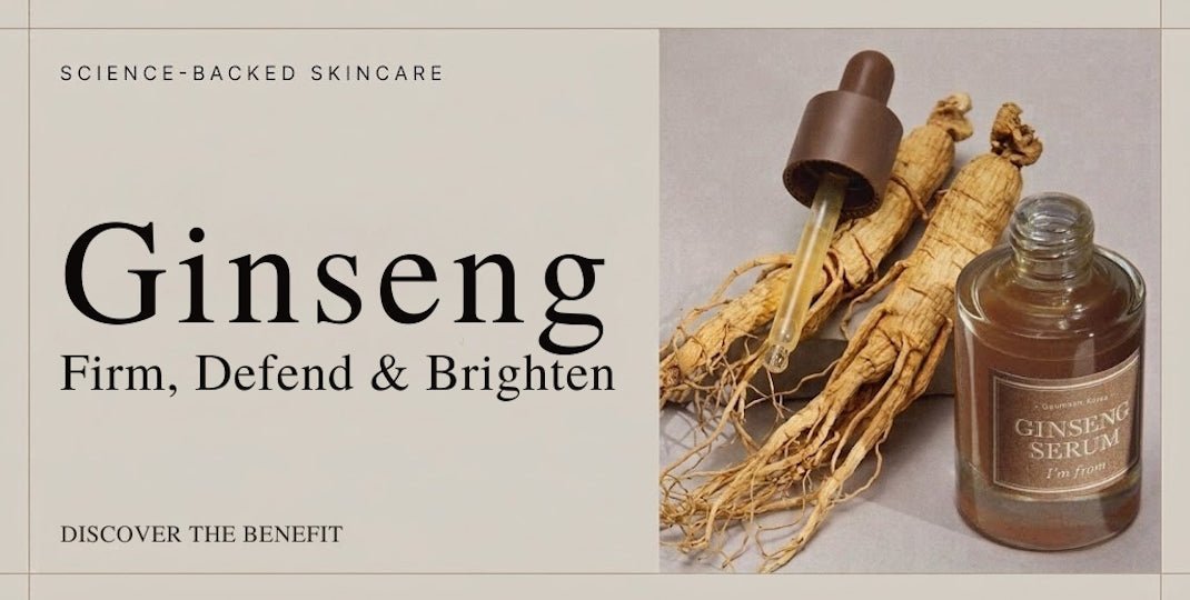 Ginseng skincare graphic showing a serum bottle with dropper and roots beside Firm Defend and Brighten text