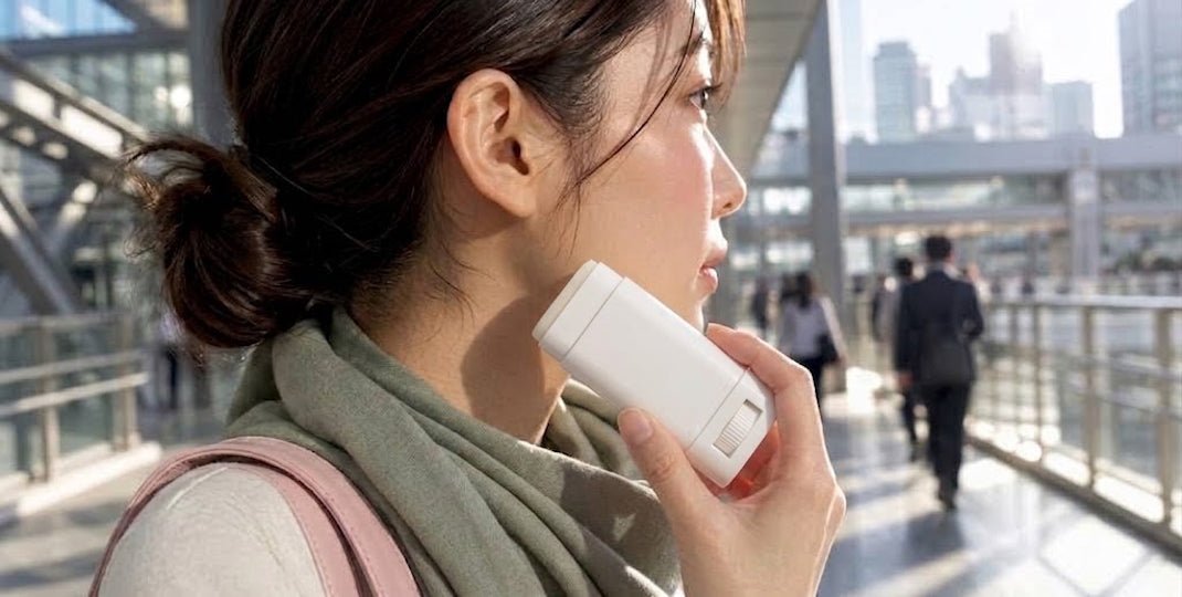 Woman applying a white facial stick to her cheek in a bright city walkway while carrying a backpack