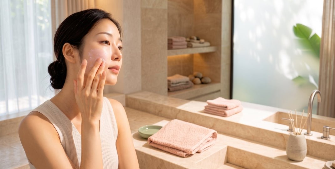 Woman gently touching her cheek in a sunlit bathroom beside folded towels
