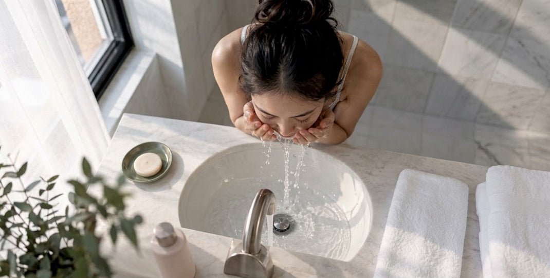 Woman splashing water on her face over a bathroom sink beside folded white towels