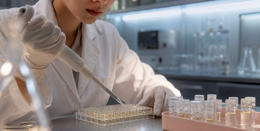Scientist using a pipette to transfer samples into a laboratory microplate beside glass vials