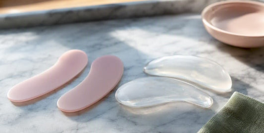 Pink and clear curved facial massage tools arranged on a marble surface beside a shallow dish