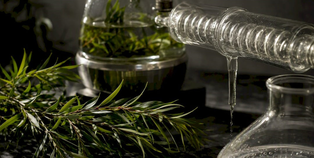 Tea tree leaves beside glass distillation equipment with clear liquid dripping into a vessel in a dark laboratory