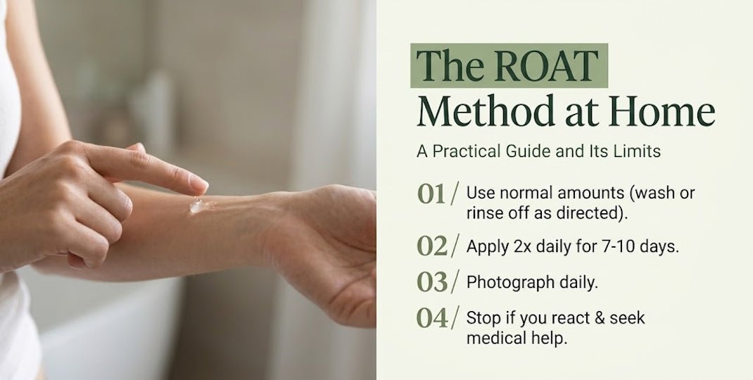 Person applying cream to forearm beside a ROAT method infographic with daily use, photos, and safety guidance