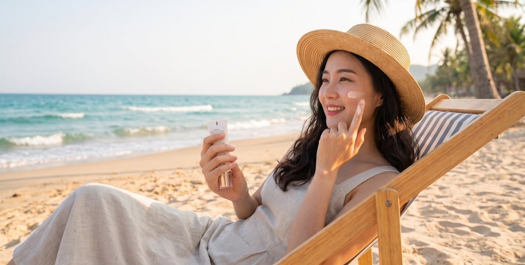 Woman in a sun hat applying skincare to her cheek while seated on a beach chair by the sea