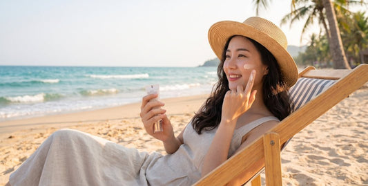 Woman in a sun hat applying skincare to her cheek while seated on a beach chair by the sea