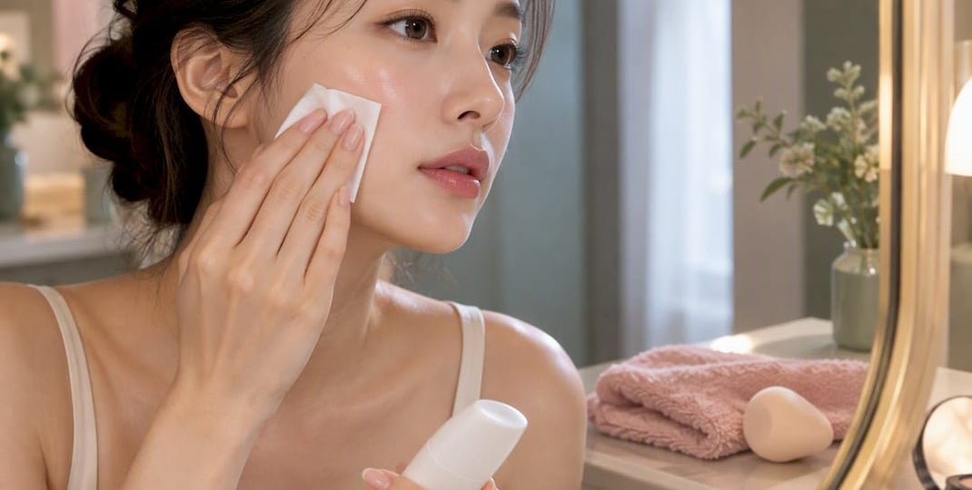 Woman gently wiping her cheek with a cotton pad while holding a skincare bottle beside a bathroom mirror