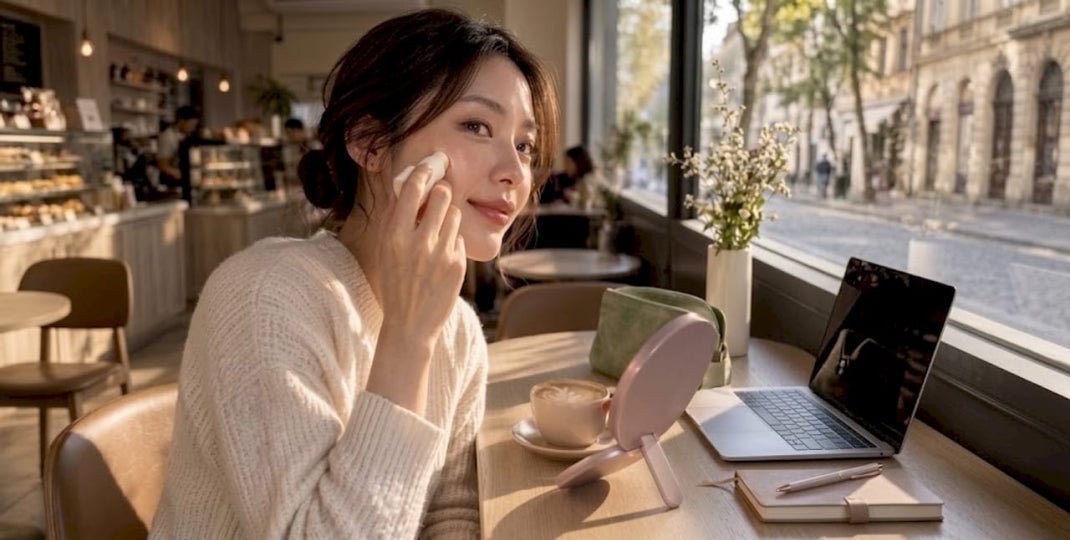 Woman applying skincare to her cheek at a cafe table beside a laptop, coffee, books, and a sunlit city street