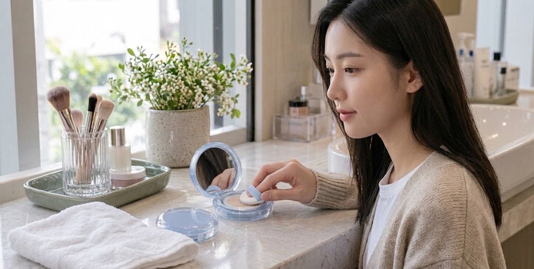 Woman seated at a bathroom vanity using a compact mirror beside makeup brushes and skincare containers