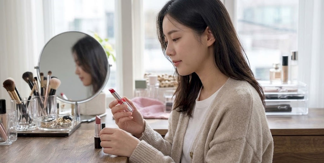 Woman seated at a bright vanity applying lipstick while holding a tube beside makeup brushes a round mirror and cosmetics