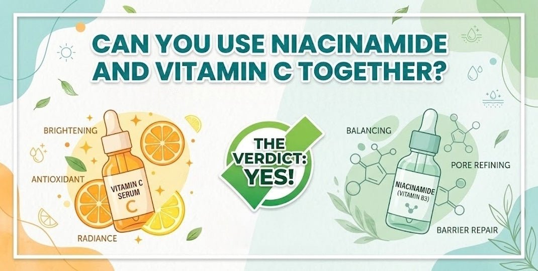 Infographic showing niacinamide and vitamin C can be used together with a yes verdict and skincare benefits