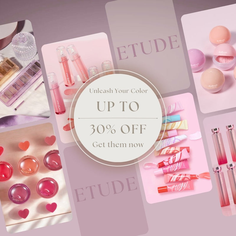 Cosmetic products with 'ETUDE' branding and promotional text on a light purple background.