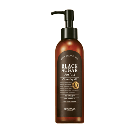 Amber bottle of black sugar cleansing oil with black pump cap designed for deep skin cleansing and renewal care.