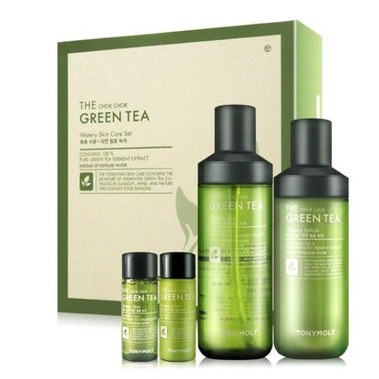 Set of green tea skincare bottles and box emphasizing intense hydration and natural ingredients