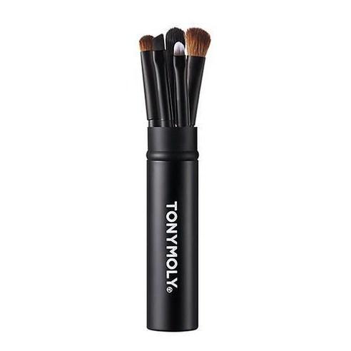 Compact black container holding five different makeup brushes with soft bristles for versatile use