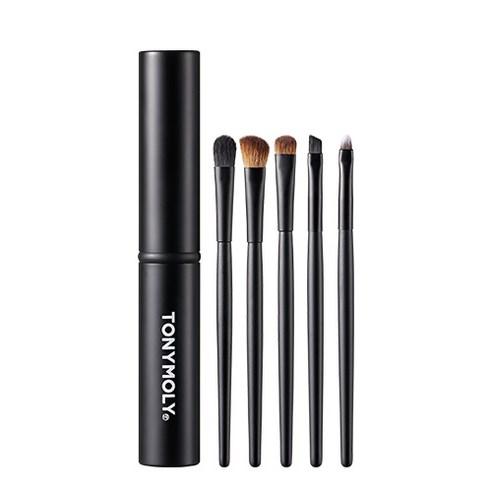 Set of five black makeup brushes with slim handles and a matching cylindrical carrying case for versatile use