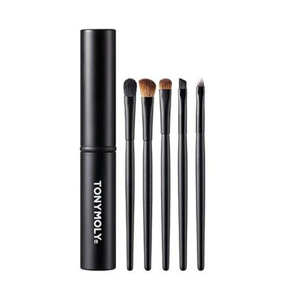 Set of five black makeup brushes with slim handles and a matching cylindrical carrying case for versatile use