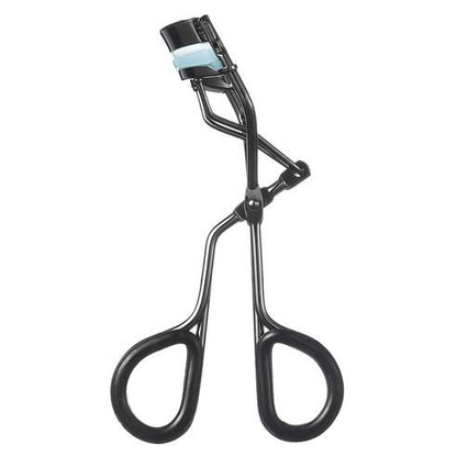 Black eyelash curler with soft blue silicone cushion designed for easy curling lashes without pinching