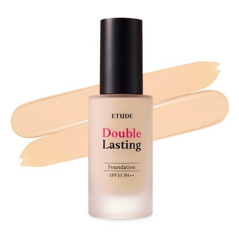 ETUDE HOUSE Double Lasting Foundation SPF34 PA++ 30g in frosted bottle with creamy beige foundation swatches behind it