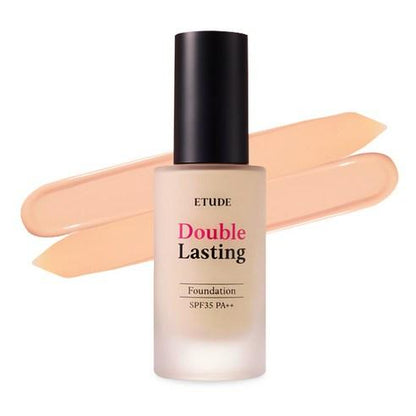 ETUDE HOUSE Double Lasting Foundation SPF34 PA++ 30g bottle with beige foundation strokes showing long-lasting coverage