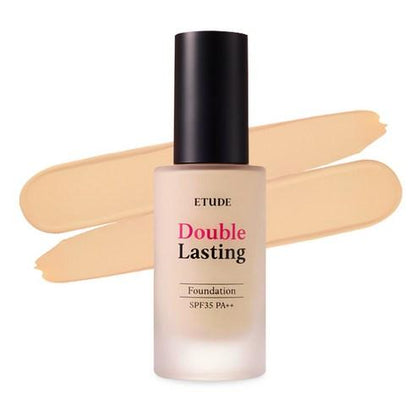 ETUDE HOUSE Double Lasting Foundation SPF34 PA++ 30g bottle with long-lasting coverage swatch background