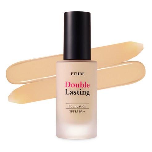 ETUDE HOUSE Double Lasting Foundation SPF34 PA++ 30g in frosted bottle with black cap and smooth beige foundation swatches