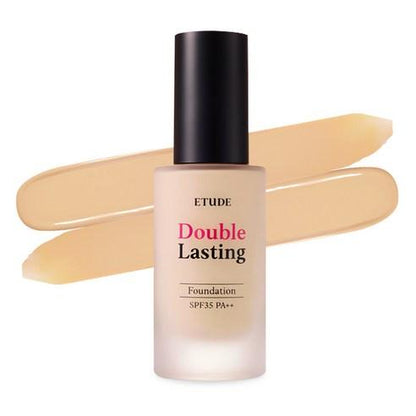 ETUDE HOUSE Double Lasting Foundation SPF34 PA++ 30g in frosted bottle with black cap and smooth beige foundation swatches