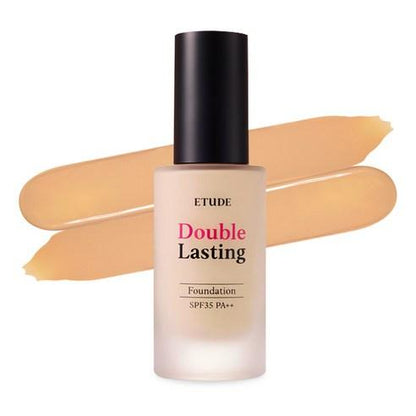 ETUDE HOUSE Double Lasting Foundation SPF34 PA++ 30g in frosted bottle with black cap and beige foundation swatches behind