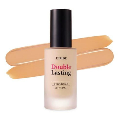 ETUDE HOUSE Double Lasting Foundation SPF34 PA++ 30g with long-lasting formula and smooth beige color swatches behind