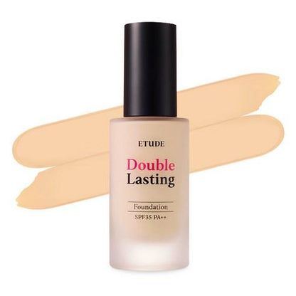 ETUDE HOUSE Double Lasting Foundation SPF34 PA++ 30g bottle with smooth beige foundation swatches behind