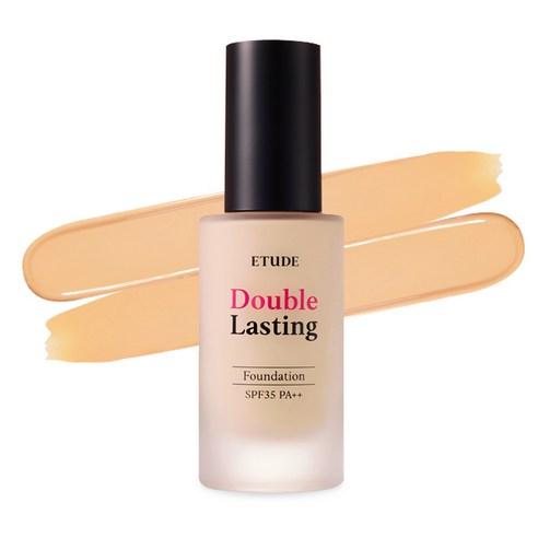 ETUDE HOUSE Double Lasting Foundation SPF34 PA++ 30g with long-lasting coverage in frosted glass bottle and natural beige shades background