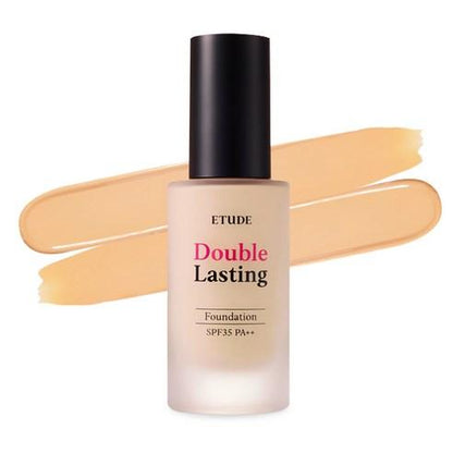 ETUDE HOUSE Double Lasting Foundation SPF34 PA++ 30g with long-lasting coverage in frosted glass bottle and natural beige shades background