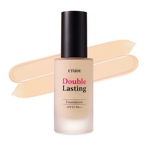 ETUDE HOUSE Double Lasting Foundation SPF34 PA++ 30g bottle with beige foundation swatches highlighting long-lasting formula