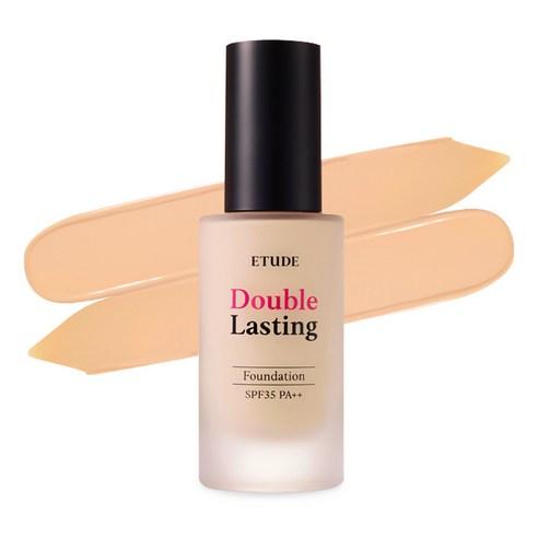 ETUDE HOUSE Double Lasting Foundation SPF34 PA++ 30g bottle with creamy foundation swatches in soft beige shades