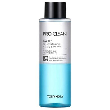 Blue and clear dual-layer remover bottle with black cap, highlighting gentle lip and eye makeup cleansing benefits