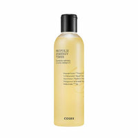 Transparent yellow toner bottle with black cap labeled for hydration boost and propolis synergy skincare formula