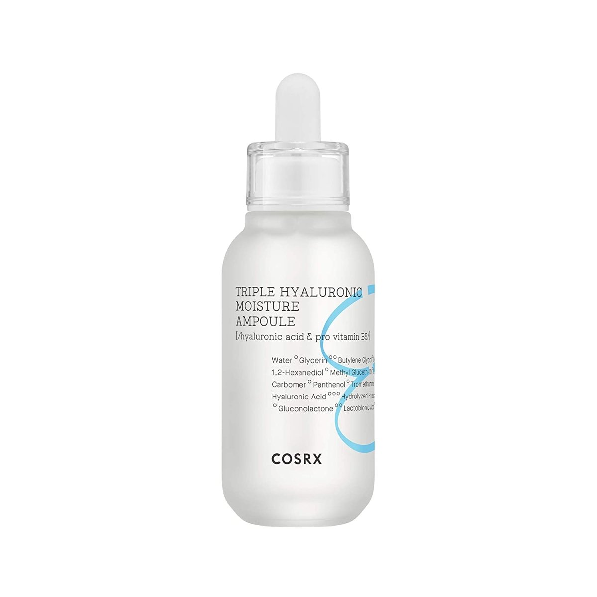 Clear frosted dropper bottle of hydrating ampoule with blue water droplet graphic on white background