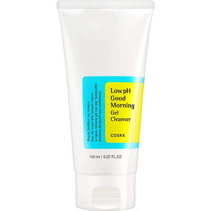 White tube of gentle cleansing gel cleanser with blue and yellow label displaying product benefits text