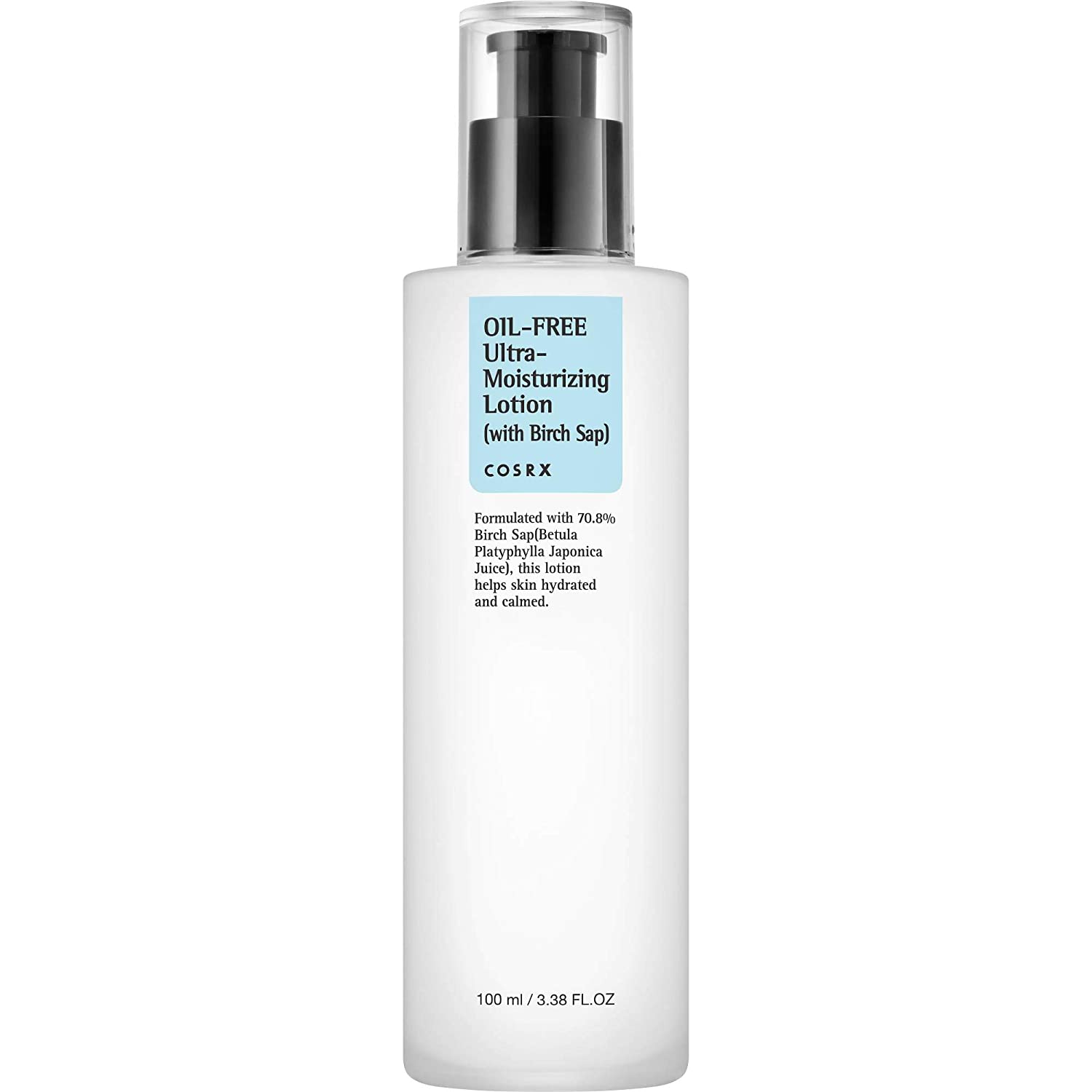White pump bottle of oil-free moisturizing lotion with light blue label highlighting birch sap hydration benefits