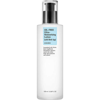 Frosted white lotion bottle with black pump featuring hydrating oil-free moisturizing formula and birch sap label