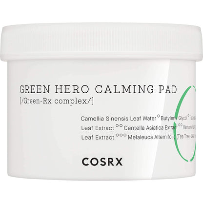 White container of calming pads featuring green leaf extract ingredients for soothing and refreshing skin care use
