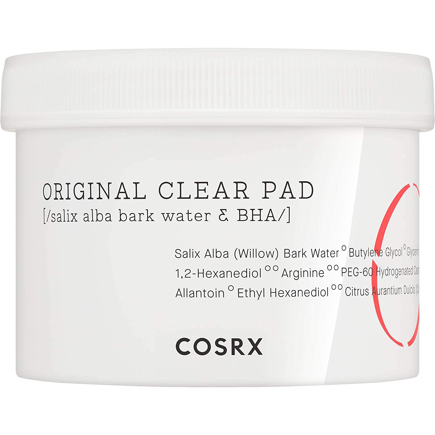 White jar of gentle exfoliating clear pads featuring salix alba bark water and BHA ingredients on label