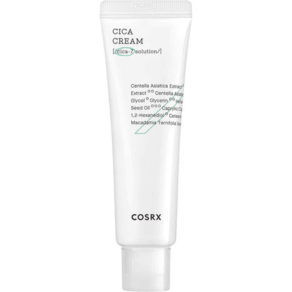 White tube of COSRX Pure Fit Cica Cream featuring soothing formula text and minimalist green design on a clean background